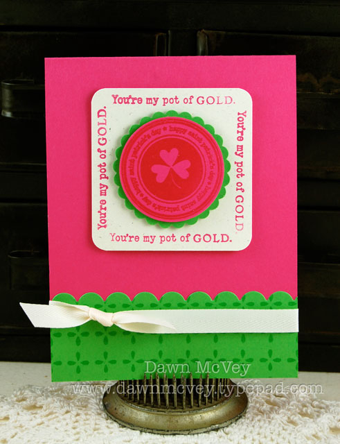 Paper: raspberry fizz, new leaf, rustic cream<br />
Stamps: Luck of the Irish, Background...
