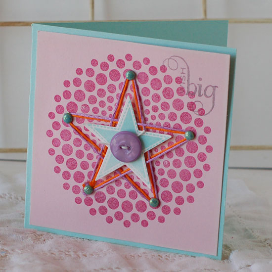 Stamps:  Dot Spot, Star Prints<br />
Ink:  Raspberry Fizz, Smokey Shadow, Aqua Mist<br />...