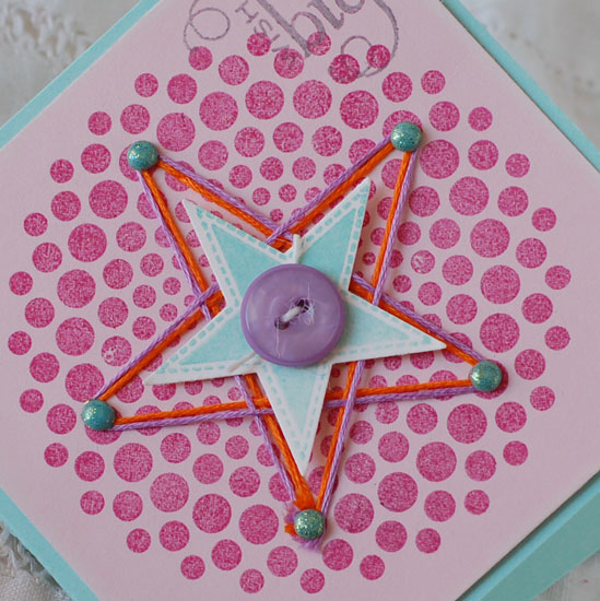 Stamps:  Dot Spot, Star Prints<br />
Ink:  Raspberry Fizz, Smokey Shadow, Aqua Mist<br />...