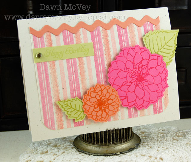 Paper: rustic cream, hibiscus burst, melon berry, spring moss<br />
Stamps: Distressed Stripes,...