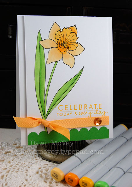 Paper: stamper's select white, new leaf<br />
Stamps: Year of Flowers: Daffodil<br />...