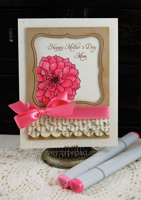 Paper: rustic cream, kraft, vintage book print<br />
Stamps: Delightful Dahlia, Vintage...