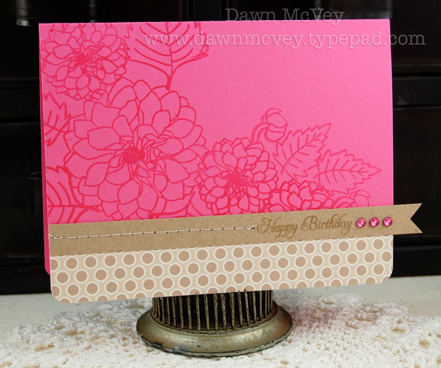 Paper: hibiscus burst, kraft, Color Couture March patterned paper<br />
Stamps: delightful...