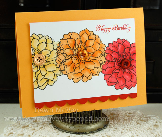 Paper: summer sunrise, pure poppy, stamper's select white<br />
Stamps: delightful...