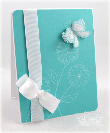 Stamps: Springtime Doodle<br />
Cardstock: Hawaiian Shore, Stampers Select White, vellum<br />...