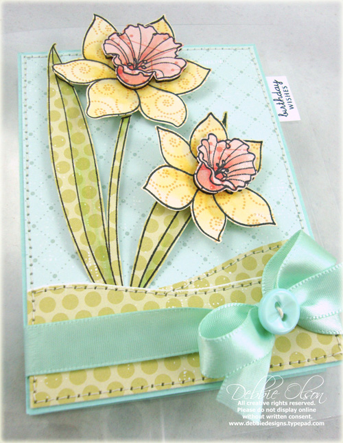 Stamps: Year of Daffodils, Mixed Messages<br />
Cardstock: Clearly Creative, Aqua Mist<br />...
