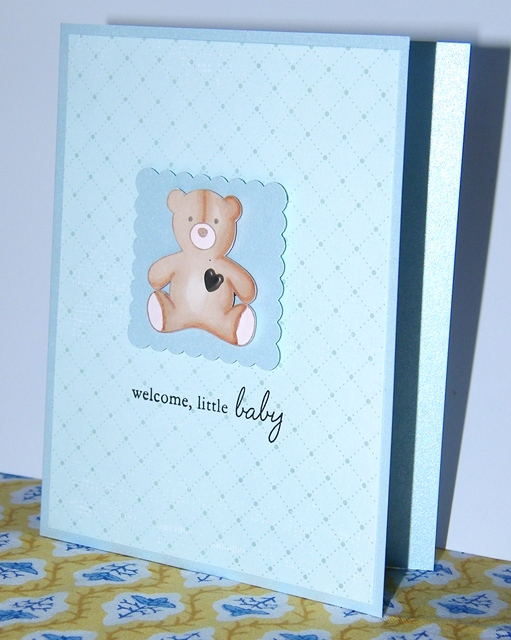 Shimmer blue paper with Baby Button Bits stamps; easy and quick!!  Colored with Prisma markers.