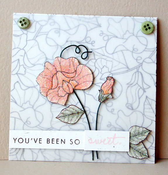 tamps: Year Of Flowers Sweet Peas<br />
ink: Dark Chocolate, Sweet Blush<br />
paper: Vintage...