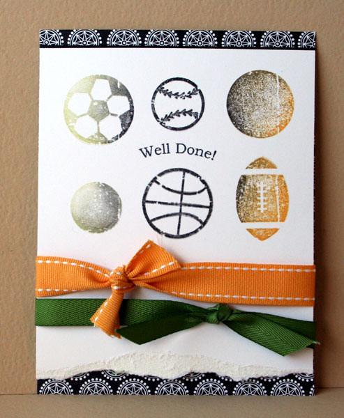 stamps: Have A Ball<br />
ink: Spring Moss, True Black, Orange Zest<br />
paper: White card...