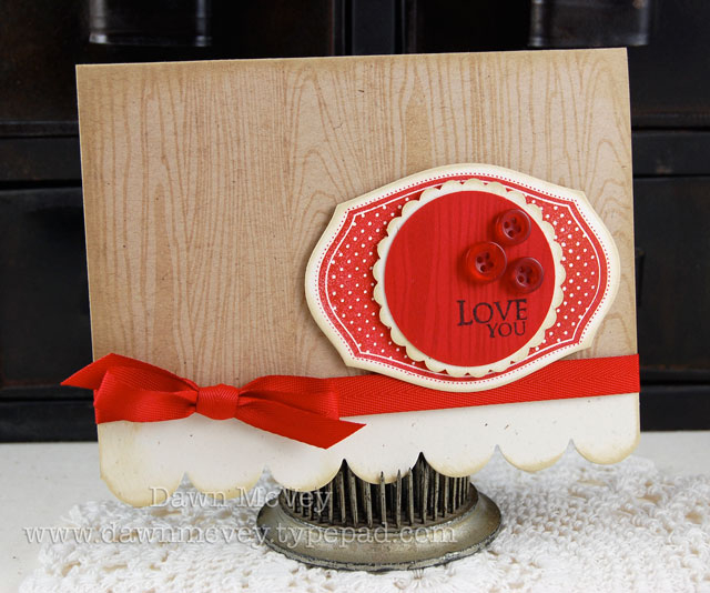 Paper: kraft, rustic cream, pure poppy<br />
Stamps: Background Basics: Woodgrain, For The...