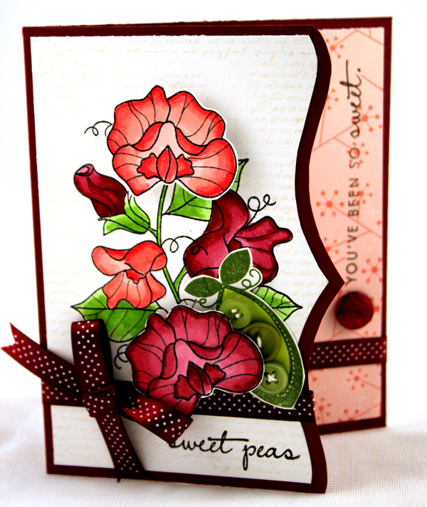 Sweet Peas<br />
<br />
Stamps: YOF: Sweet Peas, Baby Button Bits, Background Basics: Text...