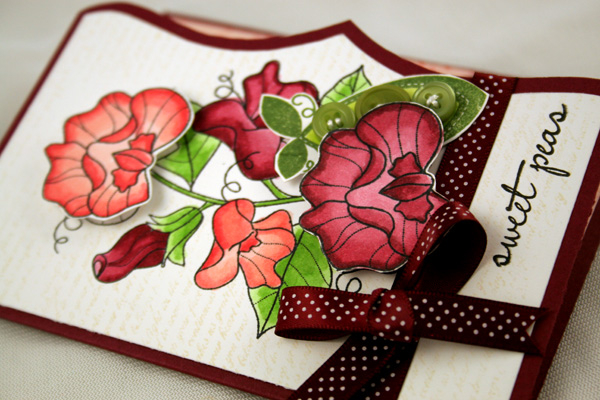 Sweet Peas<br />
<br />
Stamps: YOF: Sweet Peas, Baby Button Bits, Background Basics: Text...