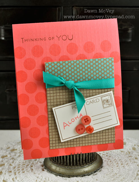 Paper: berry sorbet, kraft, white, dotty biscotti<br />
Stamps: Aloha, Background Basics:...