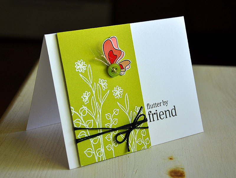 Stamps:  Flutterby Friend<br />
Ink:  Palette Noir &amp; Fresh Snow<br />
Cardstock:  White...