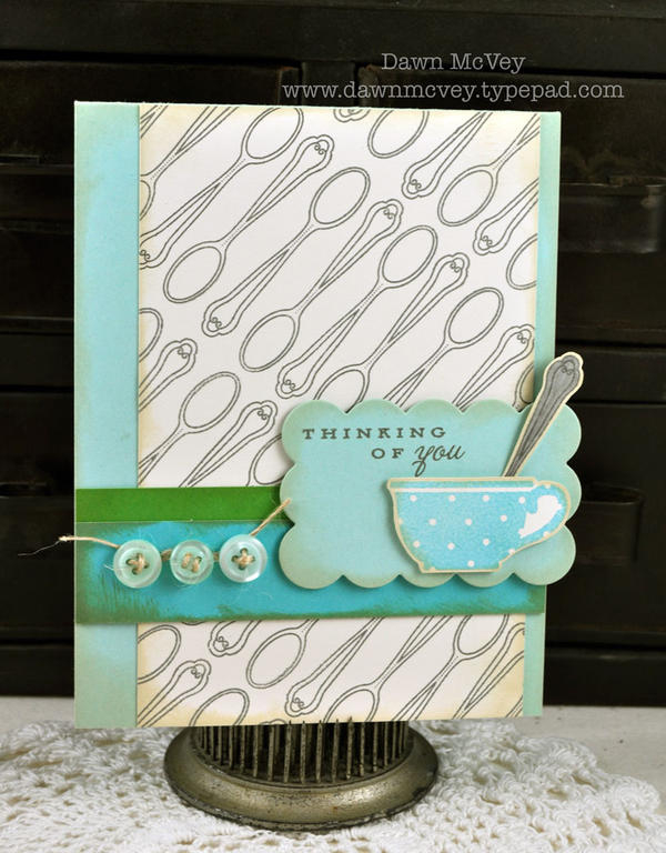 Paper: vintage cream, aqua mist, new leaf, hawaiian shores<br />
Stamps: Tea For Two...