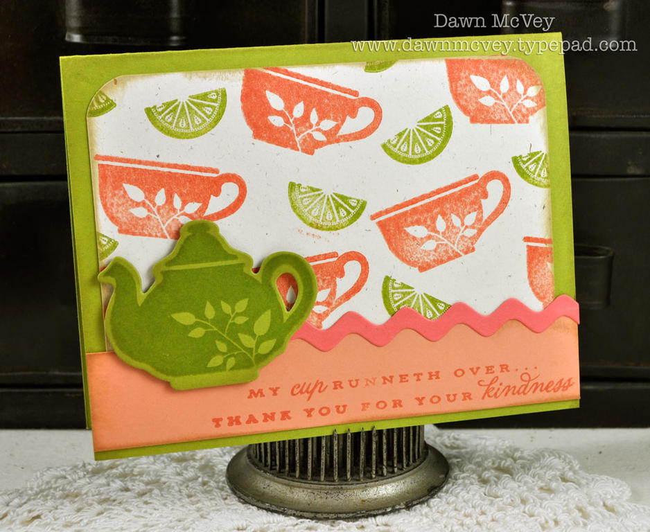 Paper: simply chartreuse, melon berry, berry sorbet, rustic cream<br />
Stamps: Tea For Two...
