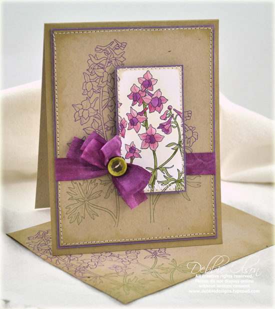 Stamps: Year of Flowers: Larkspurs<br />
Cardstcok: Kraft. Plum Pudding, Stamper's Select...