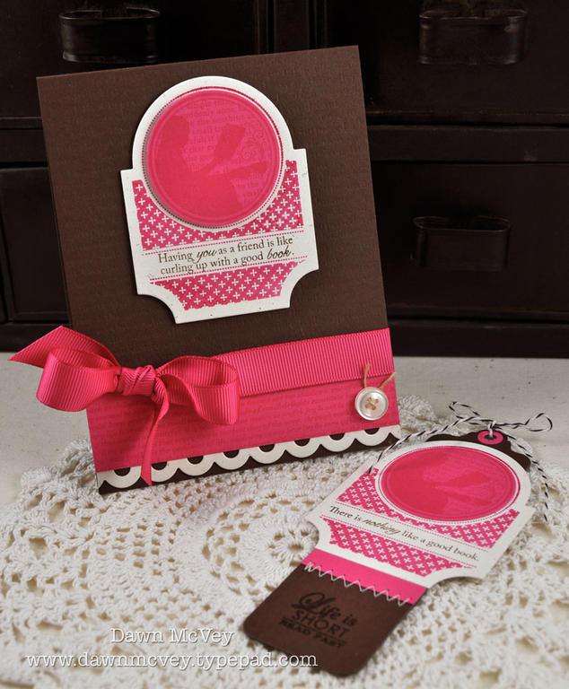 Paper: dark chocolate, raspberry fizz, rustic cream<br />
Stamps: All Booked Up, Background...