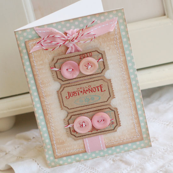 Just a Note Card:<br />
Stamps:  Just the Ticket, Recipe Box Label, Library Ledger<br />
Ink:...