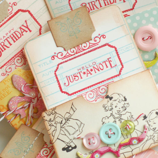 Stamps:  Library Card, Just the Ticket, Recipe Box Label<br />
Ink:  Aqua Mist, Pure Poppy<br...