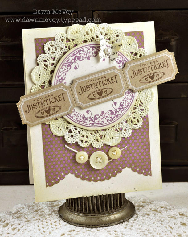 Paper: rustic cream, kraft, dotty biscotti, vintage book print<br />
Stamps: Just The Ticket,...