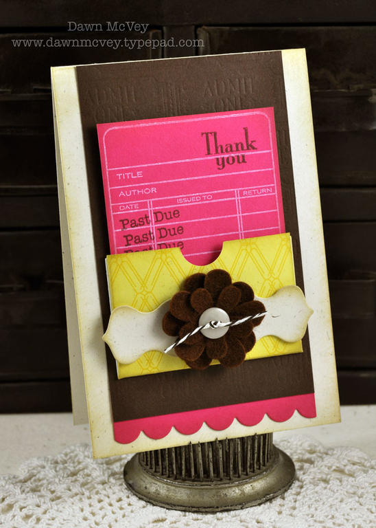 Paper: dark chocolate, raspberry fizz, rustic cream, It's Official <br />
Stamps: Library...
