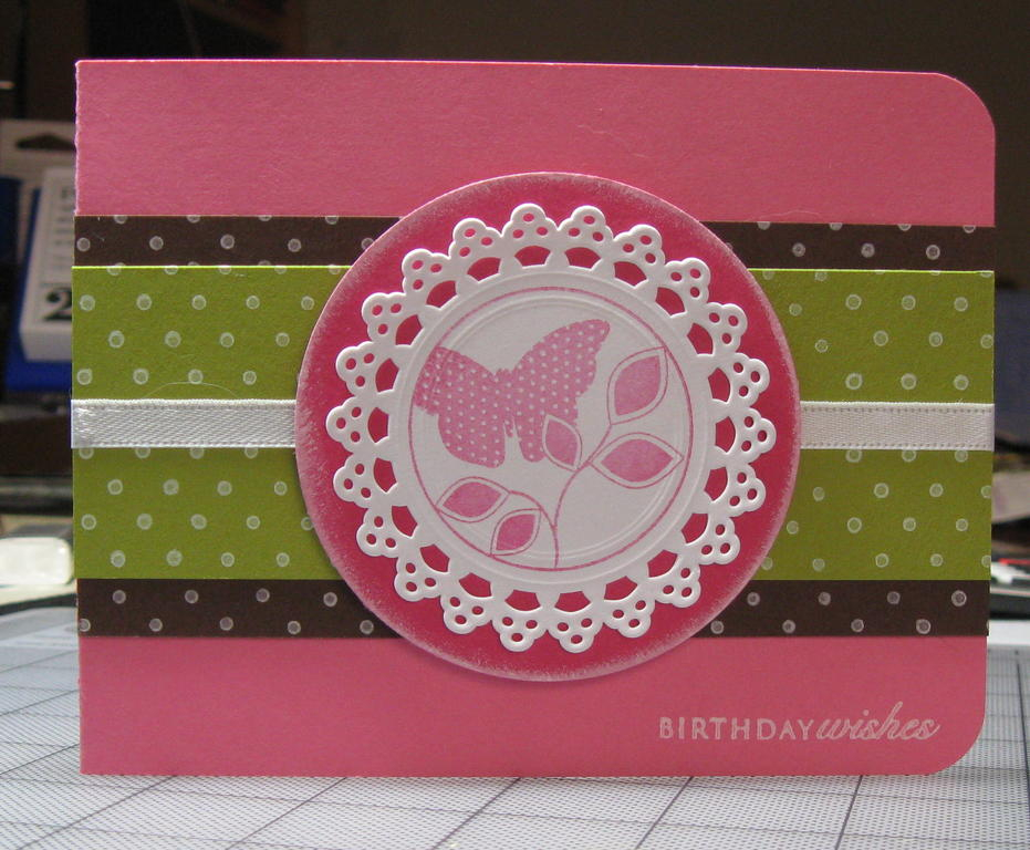 Hibiscus Burst with corner rounder, Dark Chocolate and Simply Chartreuse stamped with Polka Dot...
