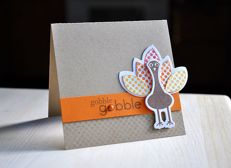 Stamps:  Gobble, Gobble &amp; Polka Dot Basics II<br />
Ink:  Summer Sunrise, Orange Zest,...