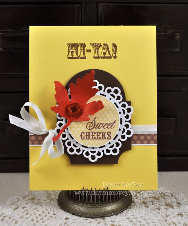 Paper: harvest gold, dark chocolate, terracotta tile<br />
Stamps: Say It With Style, Leaf...