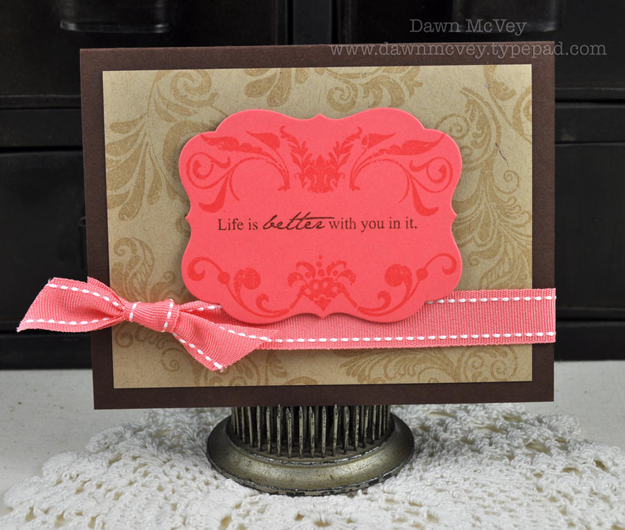 Paper: berry sorbet, dark chocolate, kraft<br />
Stamps: Embellishments<br />
Ink: versamark,...