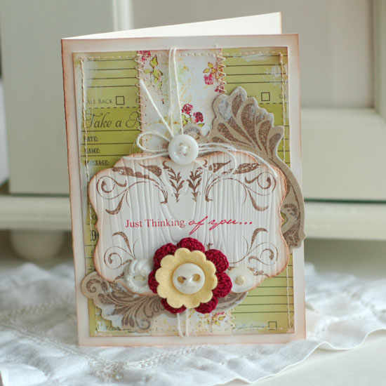 Just Thinking of You<br />
Stamps:  Embellishments<br />
Ink:  Pure Poppy, Dark Chocolate<br...