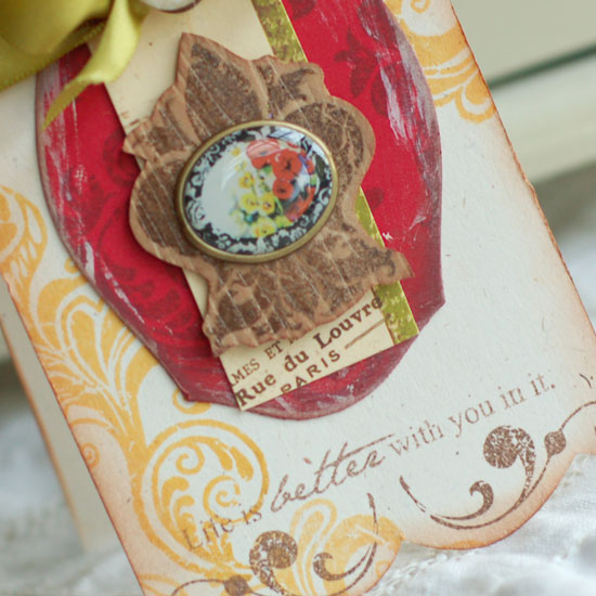 Stamps:  Embellishments<br />
Ink:  Scarlett Jewel, Summer Sunrise, Dark Chocolate<br />...