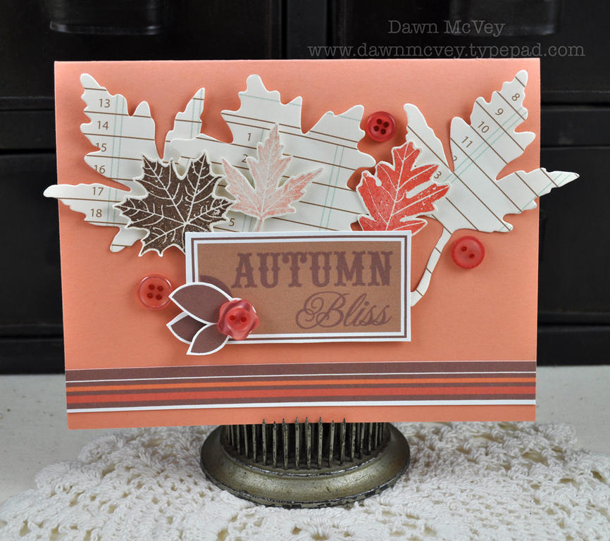 Paper: melon berry, rustic cream, Library Ledger<br />
Stamps: Leaf Prints<br />
Ink: dark...