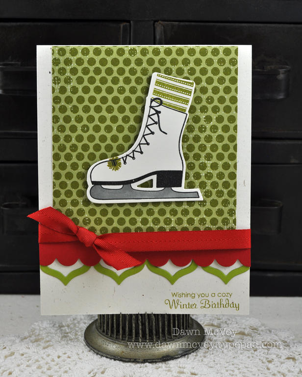 Paper: rustic cream, pure poppy, simply chartreuse, distressed dots<br />
Stamps: On Ice<br />...