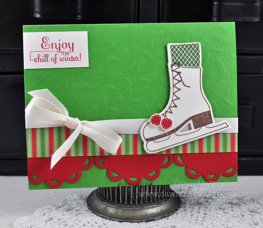 Paper: new leaf, pure poppy, vintage cream, Christmas Prints<br />
Stamps: On Ice<br />
Ink:...
