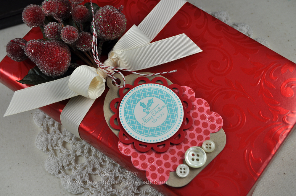 Paper: kraft, pure poppy, distressed dots, vintage cream<br />
Stamps: 2010 Holiday Tags<br />...