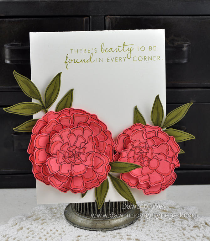 Paper: vintage cream, berry sorbet, ripe avocado<br />
Stamps: Year of Flowers: Marigolds<br />...