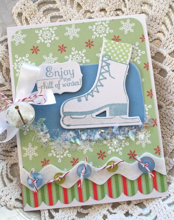 Stamps: On Ice<br />
Ink: Versamagic blue and green<br />
Paper, Christmas Prints, Shimmer...