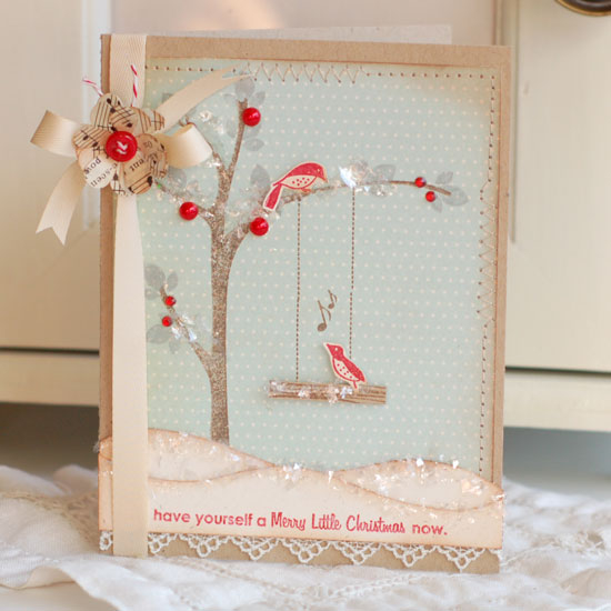 Stamps:  Merry Little Christmas, Birds of a Feather, Background Basics: Woodgrain<br />
Ink:...