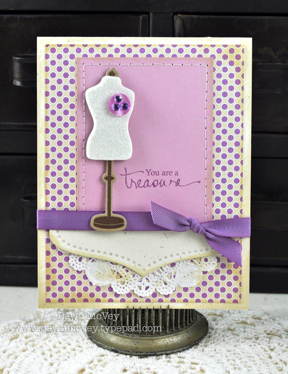 Paper: rustic cream, kraft, lavender moon, sugar plum<br />
Stamps: Signature Series: Dress...