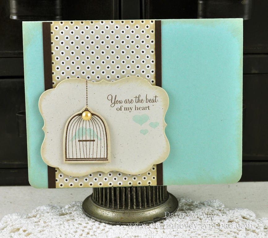 Paper: aqua mist, dark chocolate, rustic cream, Happy Spots<br />
Stamps: Love Birds<br />...