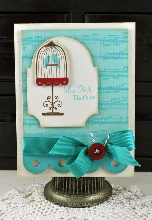Paper: rustic cream, aqua mist, hawaiian shores, pure poppy<br />
Stamps: Love Birds,...