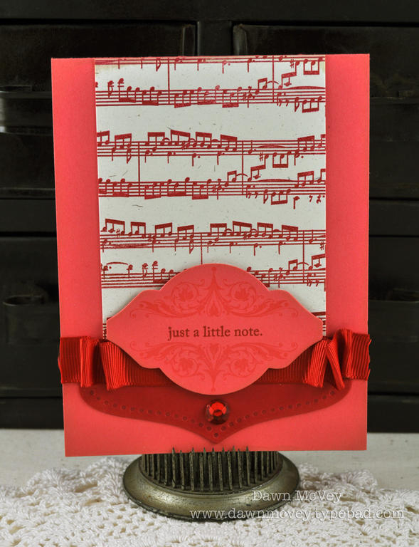 Paper: rustic cream, berry sorbet, pure poppy<br />
Stamps: Background Basics: Sheet Music, Mat...