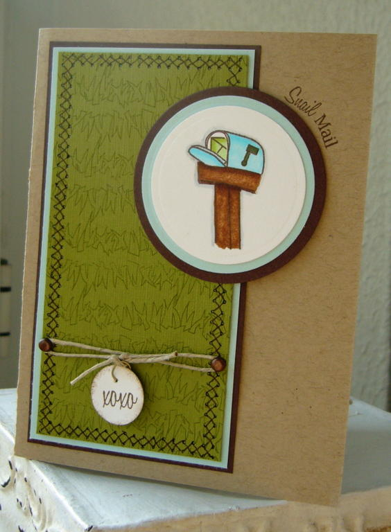 Snail Mail card - used the grass stamp to create a background on the old olive.