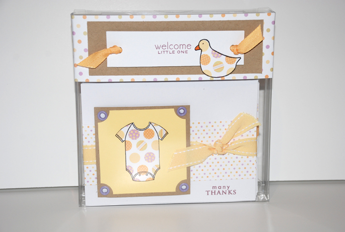 Baby gift of thank you cards placed in a recycled PTI stamp box!!