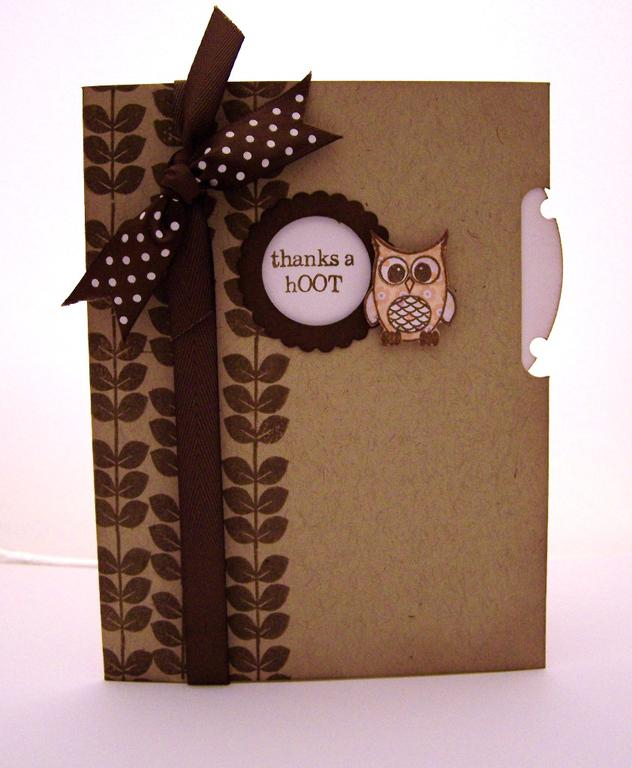 Stamps- Wise Owl<br />
Ink- Dark Chocolate<br />
Cardstock/Pattern paper- Bitty Baby Blessing...