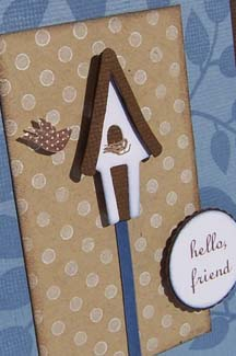 Close-Up of Hello, Friend Birdhouse card.  The tiny nest was made by scrunching up a sliver of...