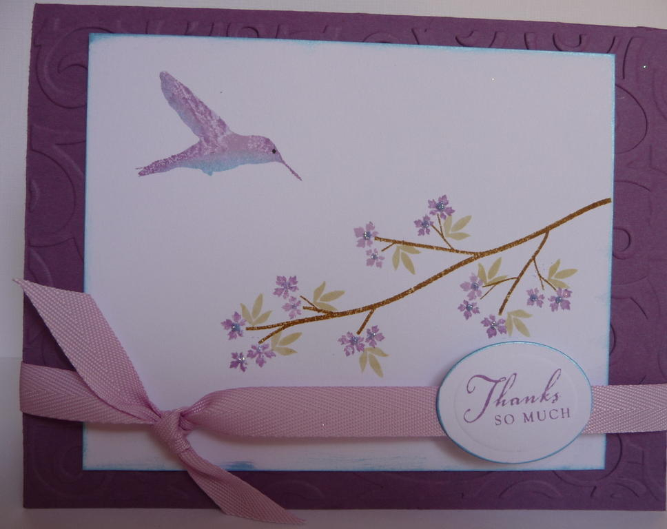 Purple Humming bird.  Birds on a feather stamps  PTI and chalk inks  PTI cardstock and ribbon.