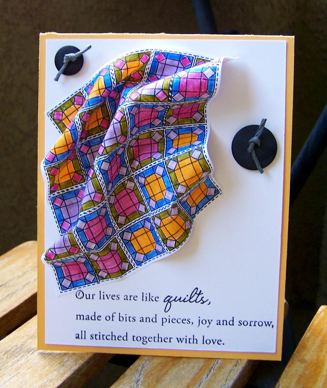 A card I made using Quilters sampler.  I have some twill like fabric that has adhesive on the...