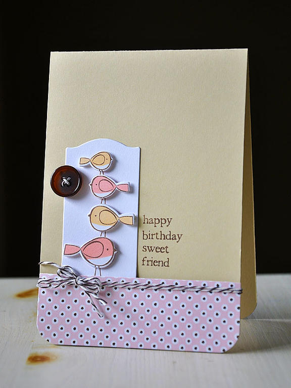 Stamps:  Little Bitty Bird<br />
Ink:  Dark Chocolate<br />
Cardstock:  Fine Linen &amp;...